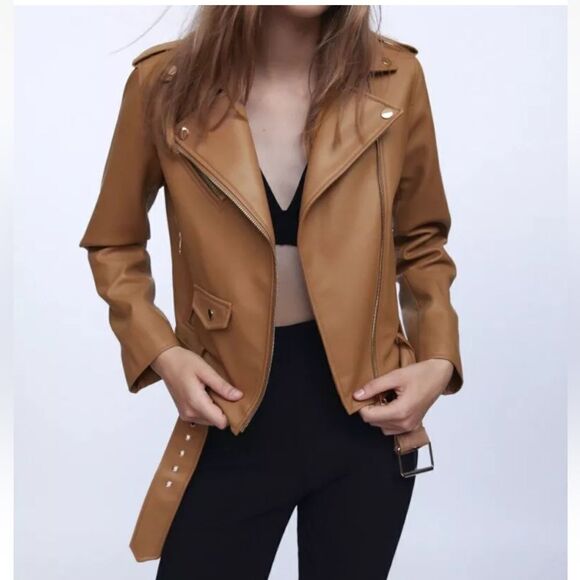 Zara Faux Leather Biker Jacket Light Camel - Picture 1 of 9
